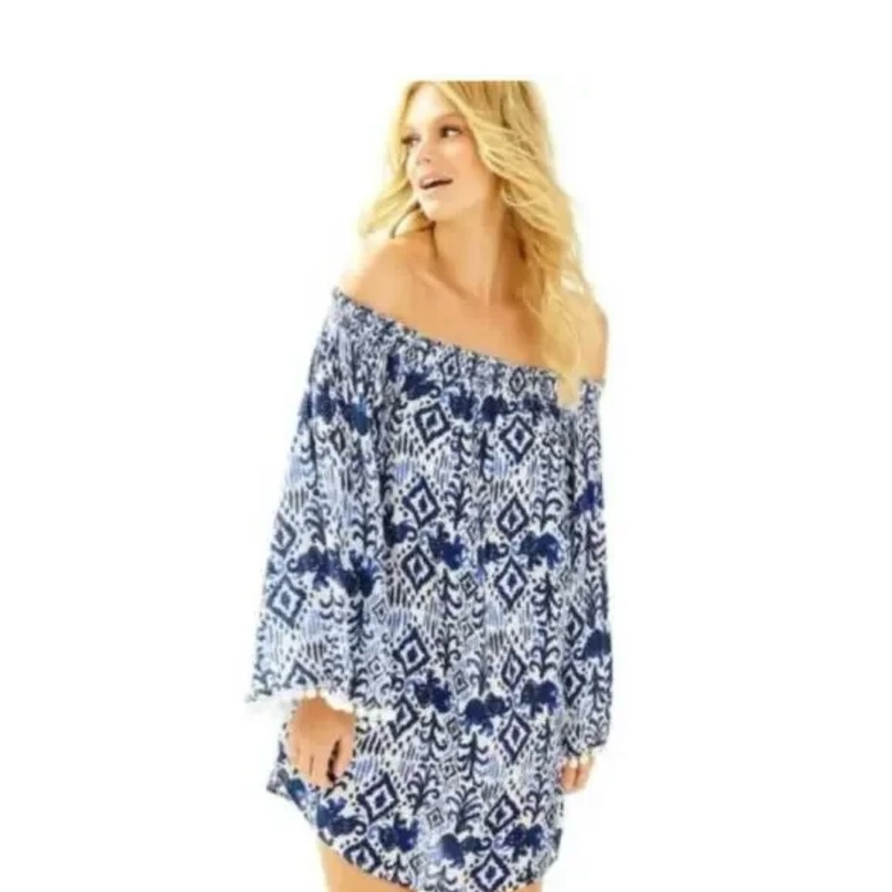 Lilly Pulitzer “Nita” Blue and White Off-Shoulder Mini Dress